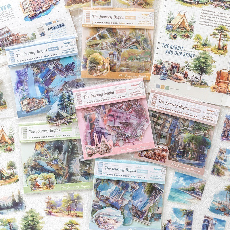 

[Gongjin] 30pcs Sticker TJB The Journey Begins Stiker PET Holiday Estetik Ilustrasi Watercolor Cat Air