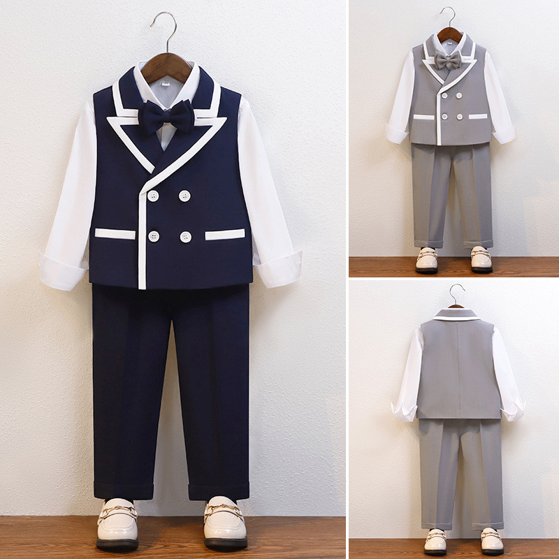 Boys Summer Breathable Preppy Style Photography Dress Kids Vest Shirt Pants Bowtie Birthday Suit Chi