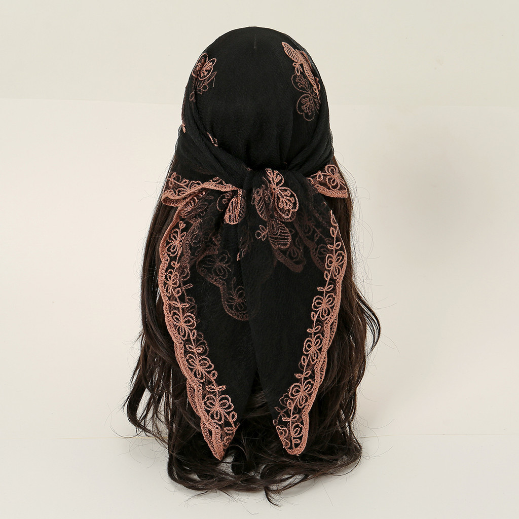 

New 80*80cm Lace Square Bandanas Style Rock Embroidery Floral Headband Net Breathable Hijab Through Headscarf Muslim Woman Veil