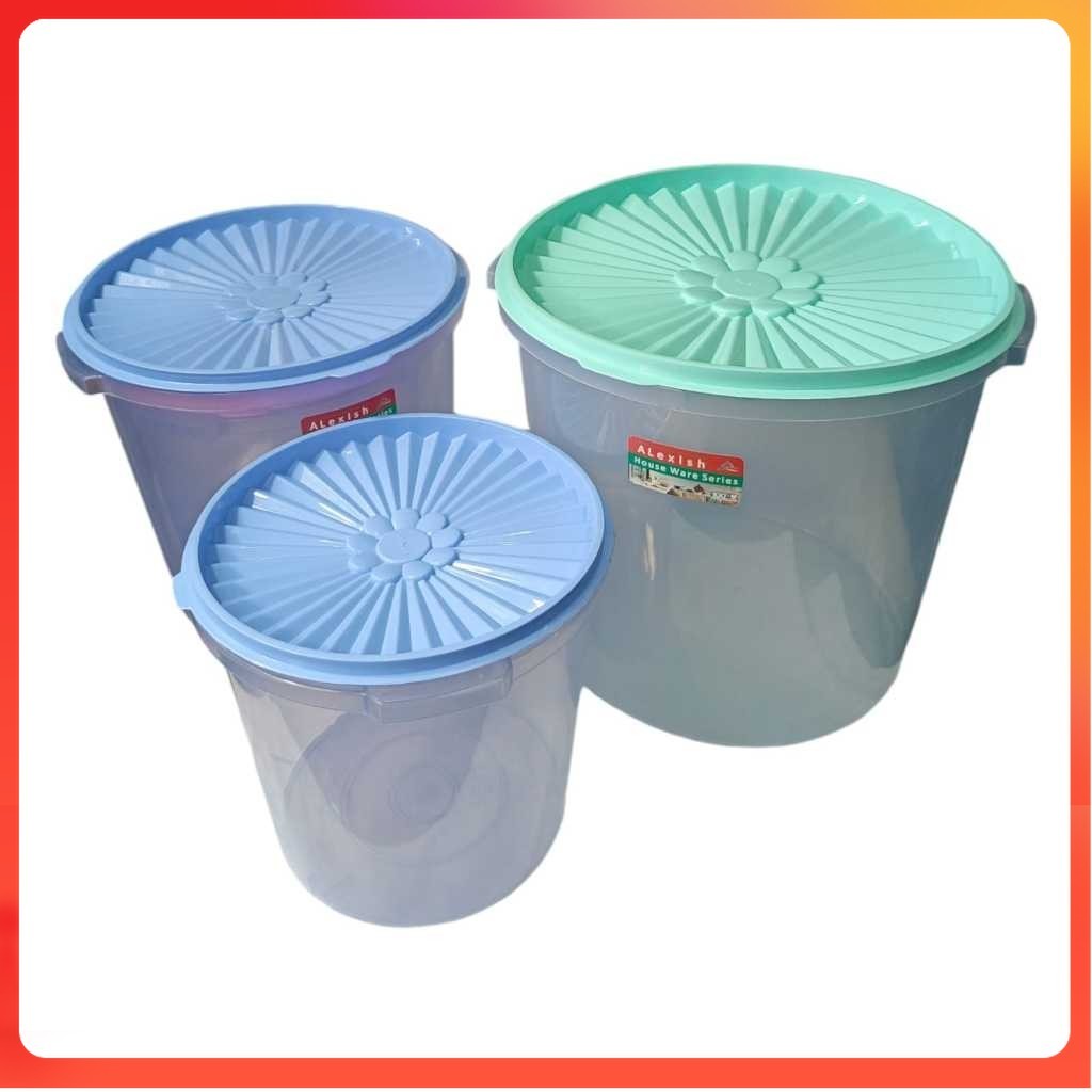 3 Pcs Toples Plastik 16 Liter Besar Toples Kerupuk Peyek Kedap Udara Wadah Makanan Tertutup Alexish
