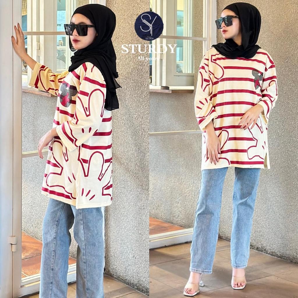 kaos oversize santai wanita lengan 7/8 mickey pou stripe red By sturdy original
