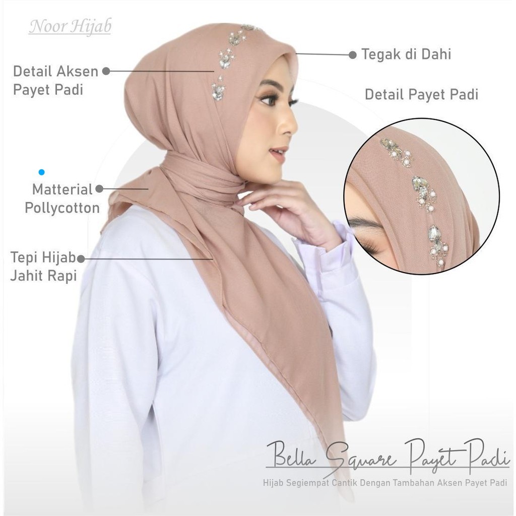 Jilbab Segiempat payet motif padi// Bella Square pearly motif padi JAHIT TEPI Polycotton premium