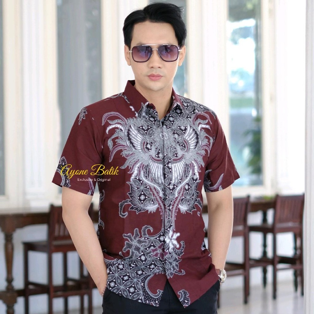 Hem batik slim fit pria terbaru HIMAWARI PENDEK  batik slim fit anak muda kekinian kemeja batik pria