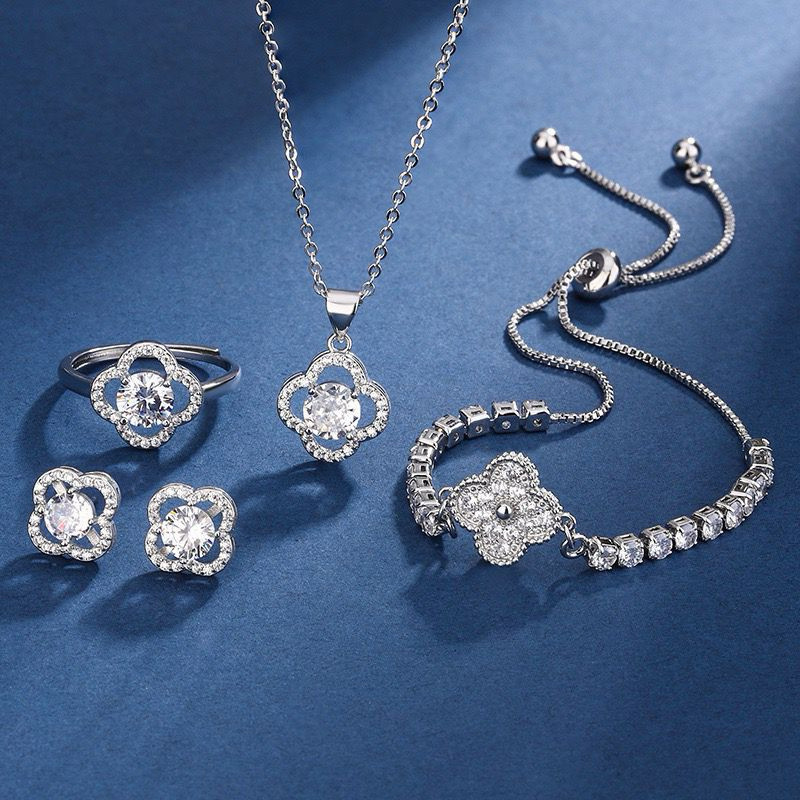 Avil Shop Set Perhiasan titanium clover diamond 4in1 atau satuan stenlis warna silver