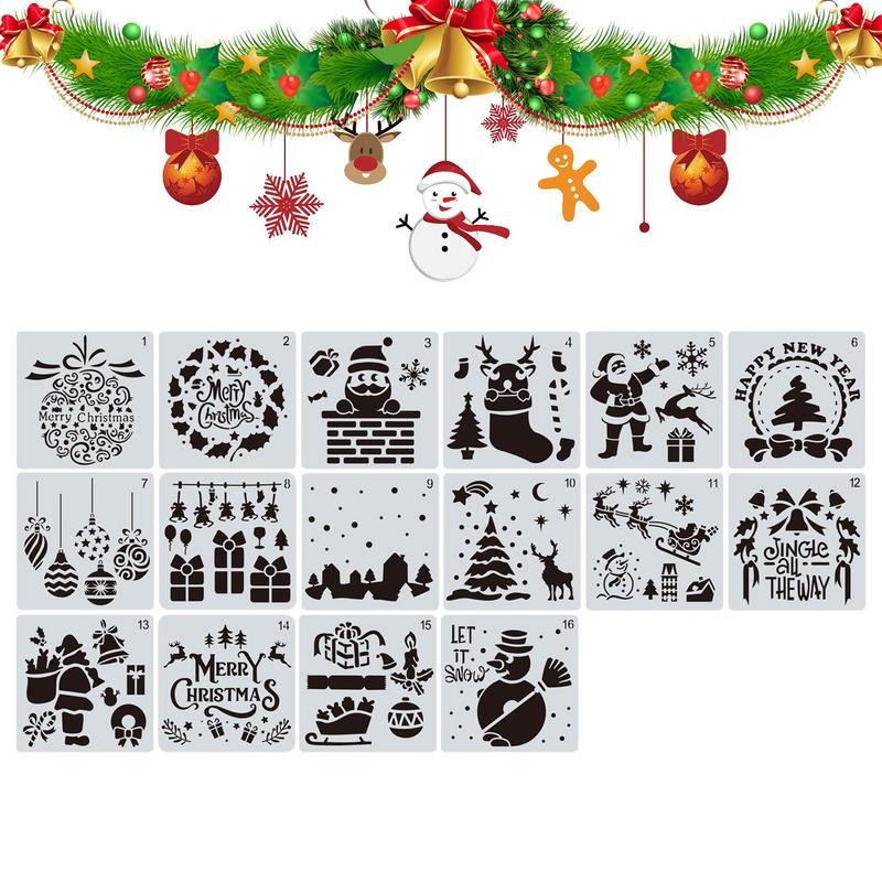 

16pcs Stencils Christmas Templates Painting Tree Drawing Template Stencil Holiday And Merry Reusable DIY Decoration Tall Craft