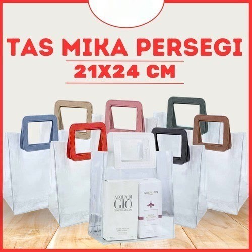 

Tas Mika PVC Transparan Handle Persegi Kulit 24x21cm 24 x 21 cm Leather Goodie Bag Kantong Souvenir Hampers Aksesoris Ulang Tahun Lebaran Aneka Warna Pegangan Premium