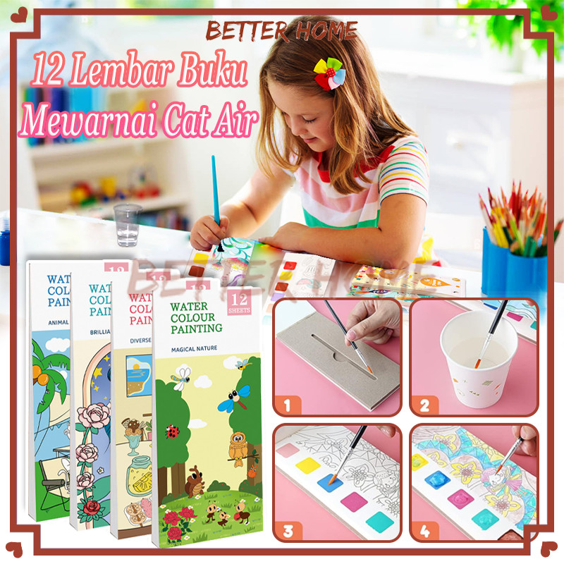 

(12 lembar) Buku Mewarnai Cat Air/Buku Cat Mewarnai Watercolour Painting/Buku Melukis Gambar Anak Lukisan Air