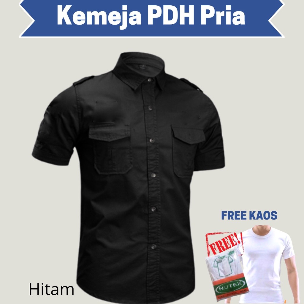 FREE KAOS OBLONG - Baju Kemeja PDH Hitam Polos Pria Lengan Pendek - Baju Kerja Pria Katun Drill Lapa