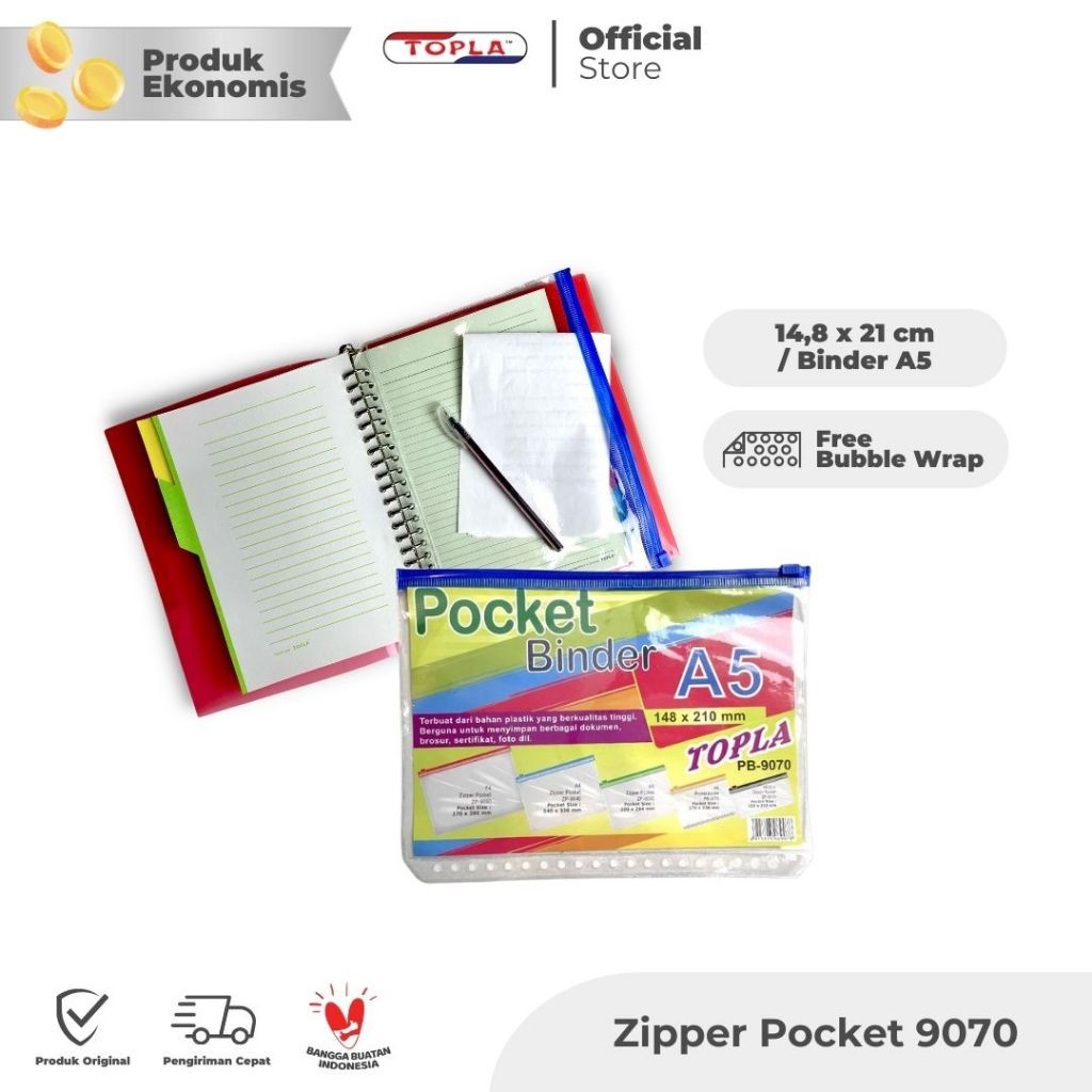 

TOPLA - Binder Pocket A5 / 20 Lubang / Zipper Pocket Binder A5 / Plastik Map Untuk Binder A5 / Ziplock Binder / Binder Pocket A5 / Zipper Pocket Binder