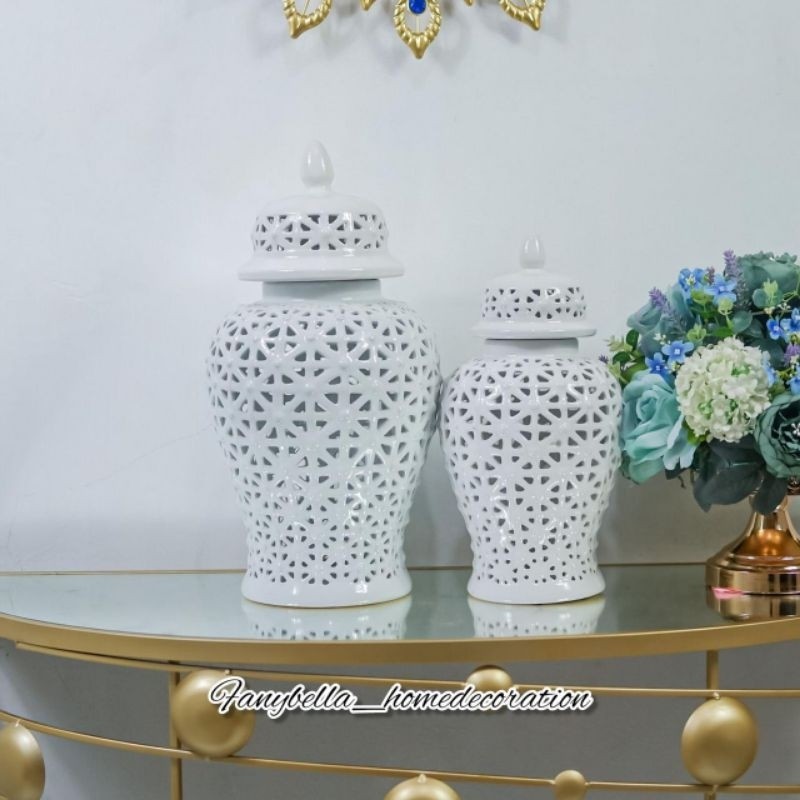 Pajangan Vas Bunga Keramik Tochin Putih Ginger Jar Mewah Import Polos Dekorasi Rumah