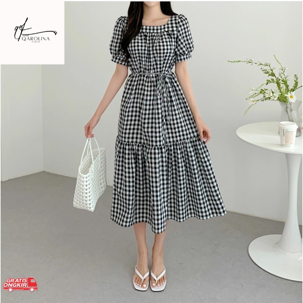 Dress Korea / FWG - DRESS SAMOLA / DRESS WANITA KOREA / DRESS KOTAK-KOTAK / DRESS / BAJU DRESS WANIT