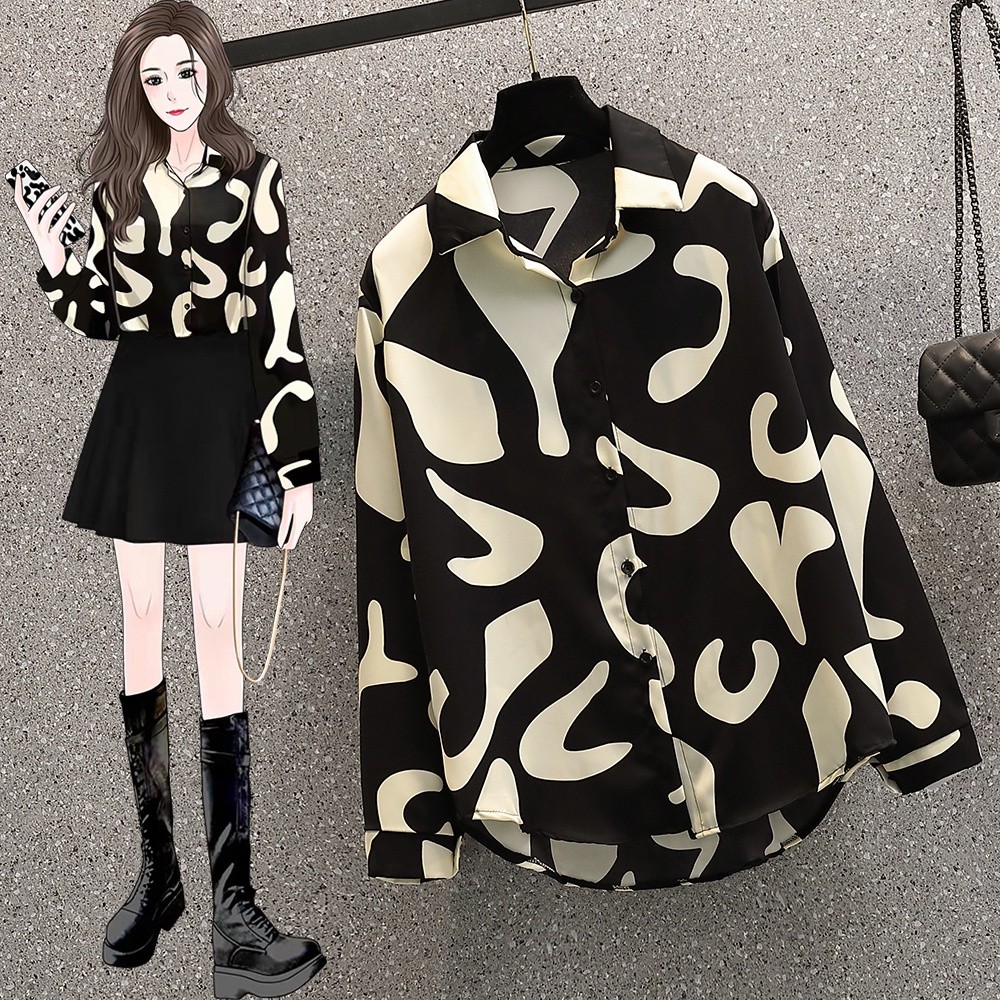 [NEW] Fashion Cetakan Geometris Korea Trendy Kemeja Lengan Panjang Hitam Sifon Berkualitas Tinggi At