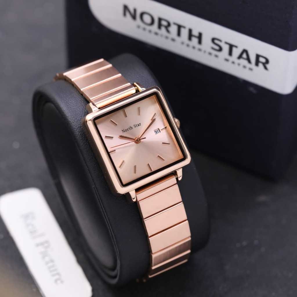 (Promo) Jam Tangan Wanita/Jam  Tangan Cewek NORTH STAR Original Rantai Stainless Tanggal Aktif Free 