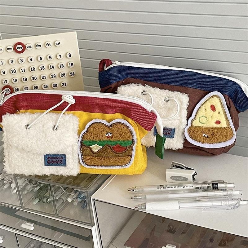 

Cartoon Cute Bear Hamburger Pencil Cases Large Capacity Canvas Stationery Storage Bag Student Pencil Bag Cosmetic Bag Kids Gifts
