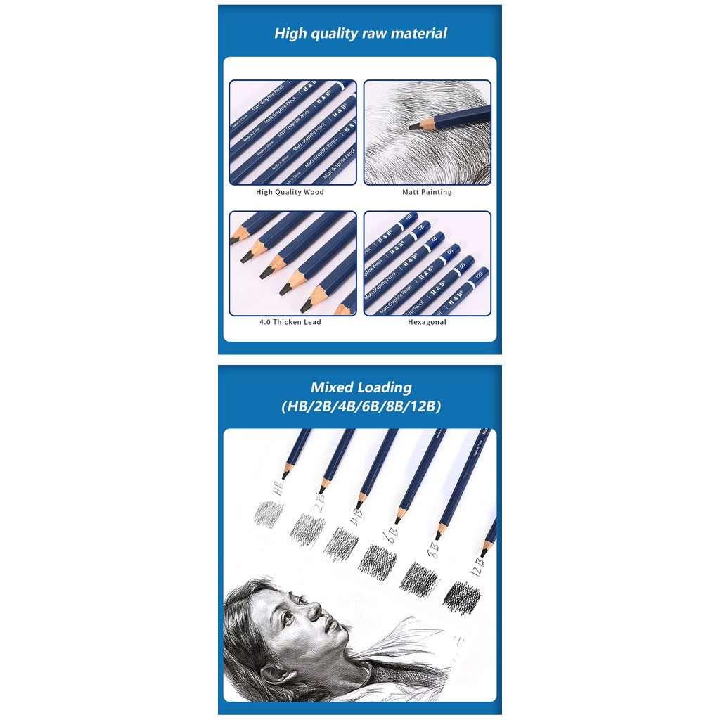 

H&B Matt Sketching Pencils Professional Set, 6/9Pcs Art Graphite Pencil, Painting Drawing Shading for Beginners Artists Supplies