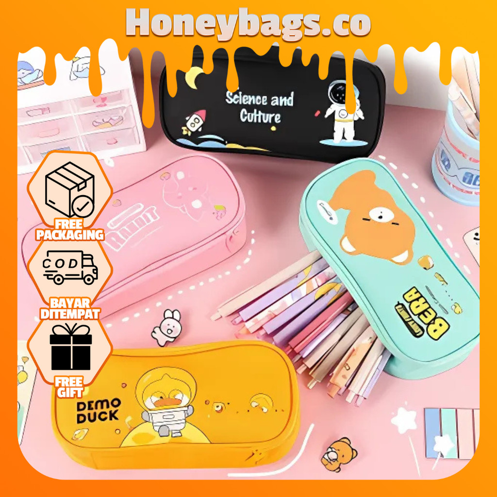 

HONEYBAGS Tempat pensil pelajar kreatif dengan kapasitas besar, tempat pensil penyimpanan alat tulis kartun lucu, tempat pensil multifungsi kain Oxford