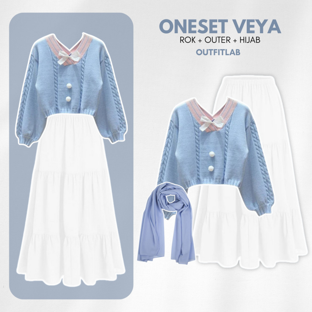 Outfit Set Veya Hijab Wanita Sweater Rajut Rok Ruffle Pashmina Setelan Ngantor Kuliah OOTD Casual
