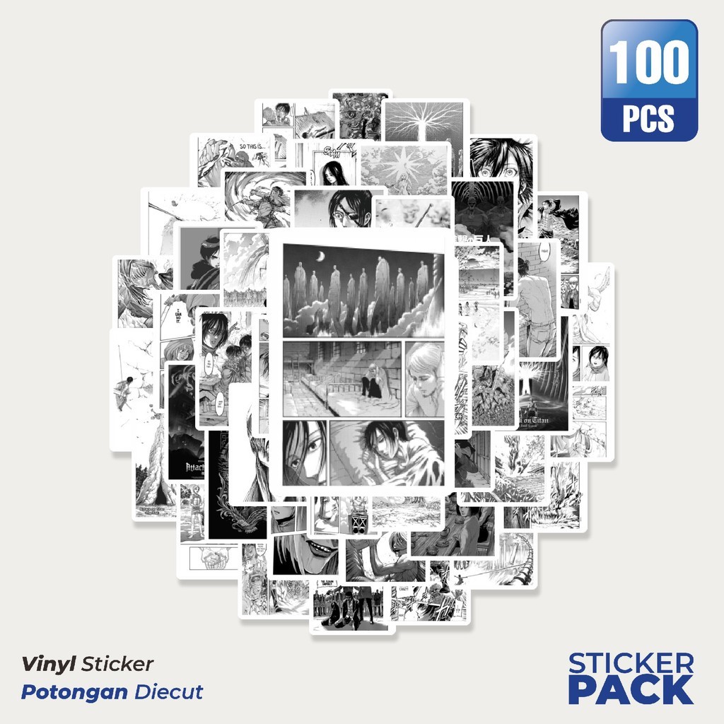 

100 PCS STIKER Komik Attack On Titan B&W Waterproof Aesthetic- Untuk Laptop, Motor, dan Helm - Paper Stationery Pack