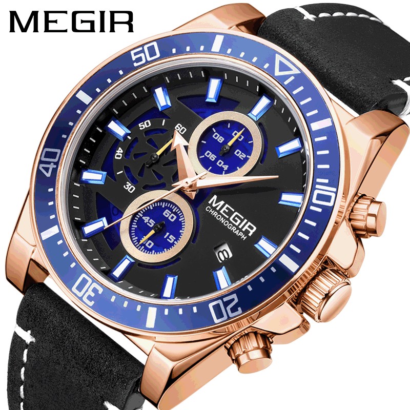 

Jam Tangan Pria Migeer Chronograph Dial Besar Kalender Kulit Asli Olahraga Quartz Jam Tangan Pria