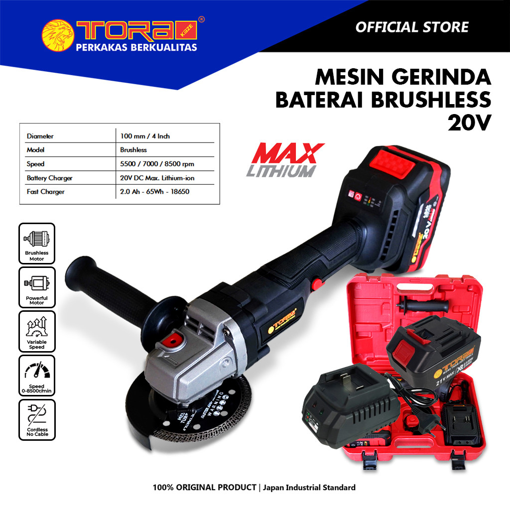 TORA Mesin Gerinda Baterai Brushless 20V - Gerinda Cordless Brushless Impact Angle Grinder
