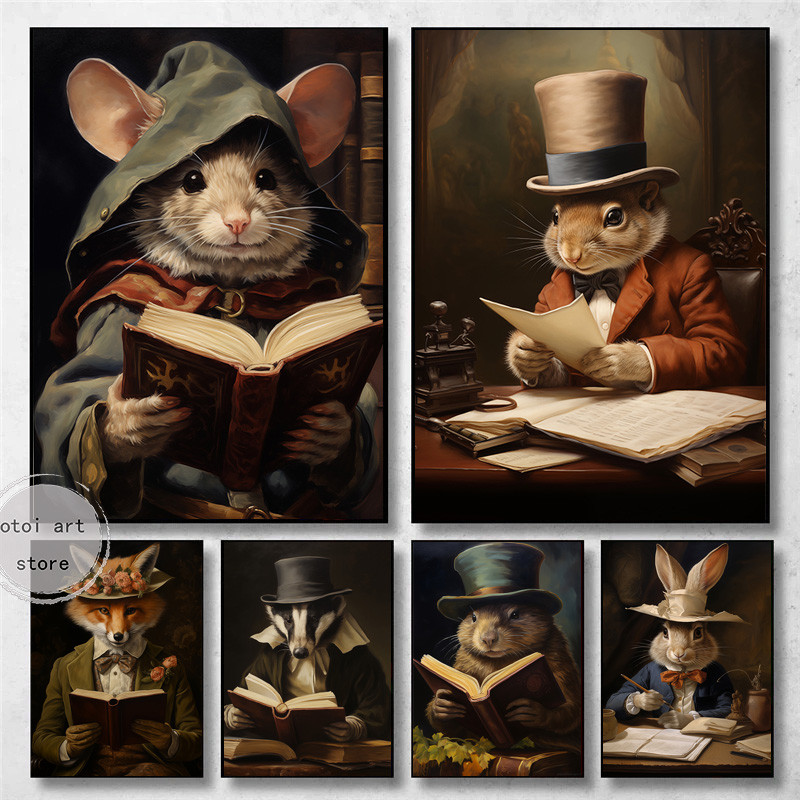 

Vintage Cute Animal Bunny Mouse Rabbit Reading Book Nursery Art Posters Canvas Painting Wall Prints Pictures for Room Home Decor