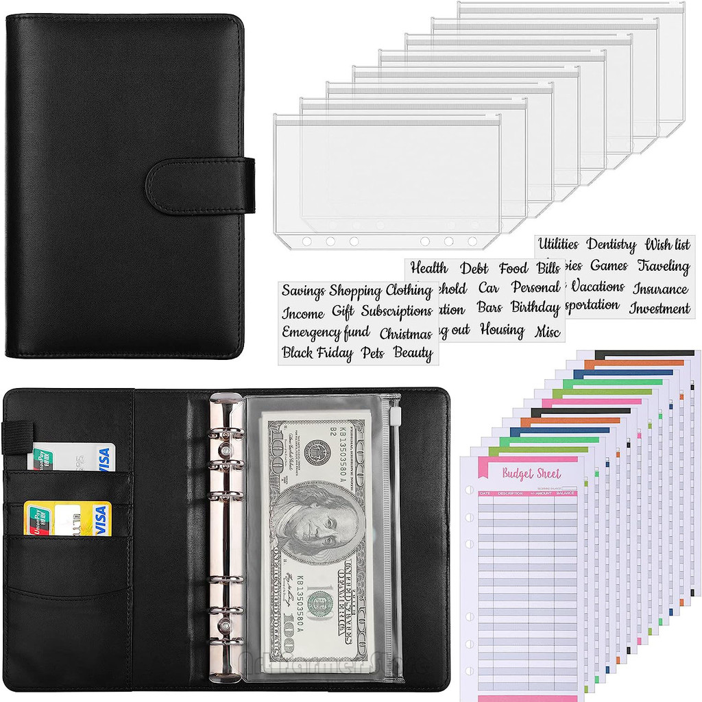 

A6 Budget Binder with Cash Envelope Savings Book Budget Planner PU Leather Laptop Binder with Binder Pocket Cash Fill Folder