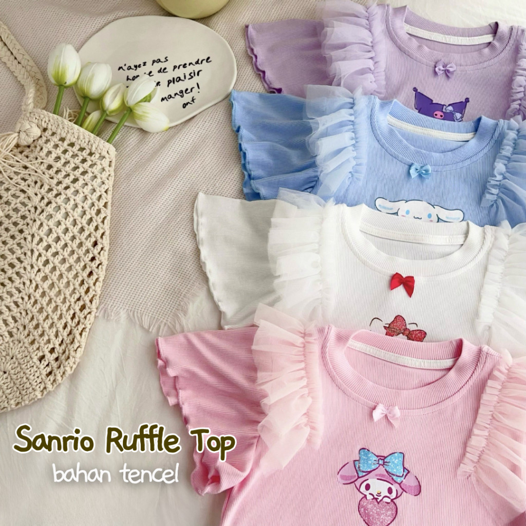 Sanrio Ruffle Top | Baju Tencel Anak Perempuan | Baju Modal Tencel Anak | Baju Santai Anak