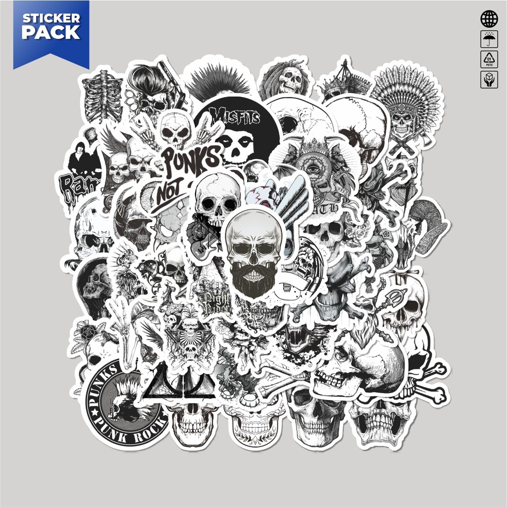 

[100PCS]Stiker Pack Stiker Punk Skull & Monster Art Classical Black & White Aesthetic Vinyl Anti Air Dekorasi Sticker Laptop Buku Journal Koper Helm Casing HP Gitar Helm Skateboard