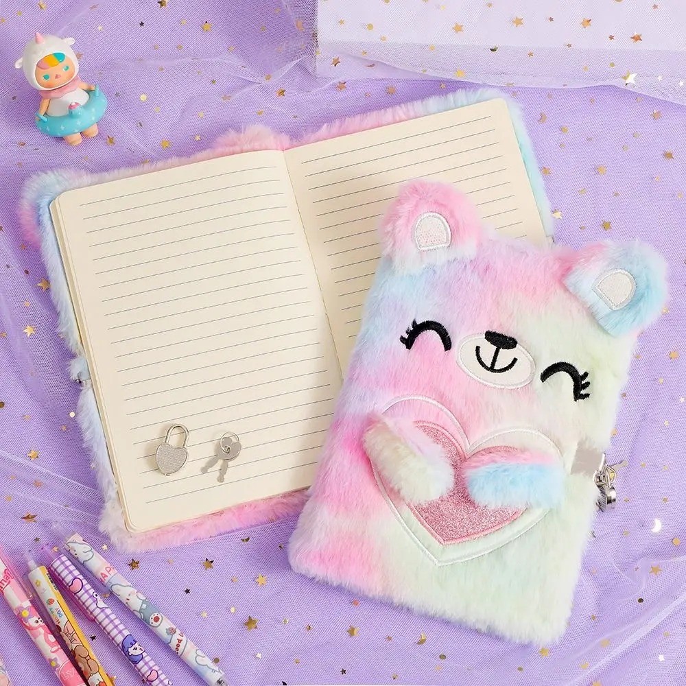 

Custom Cartoon Furry Bear Lock Notebook Smile Eyes Children's Diary Student Writing Journal Plush Notebook