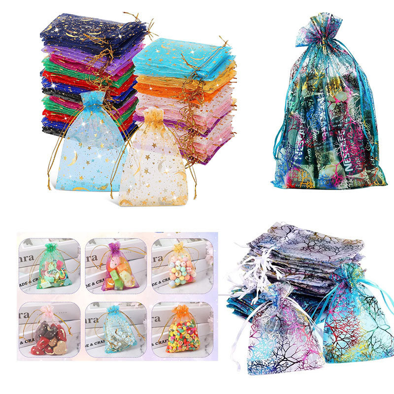 

50 Pieces Gold Moon Star Organza Jewelry Gift Bags Wedding Christmas Party Favors Drawstring Decorative Packaging