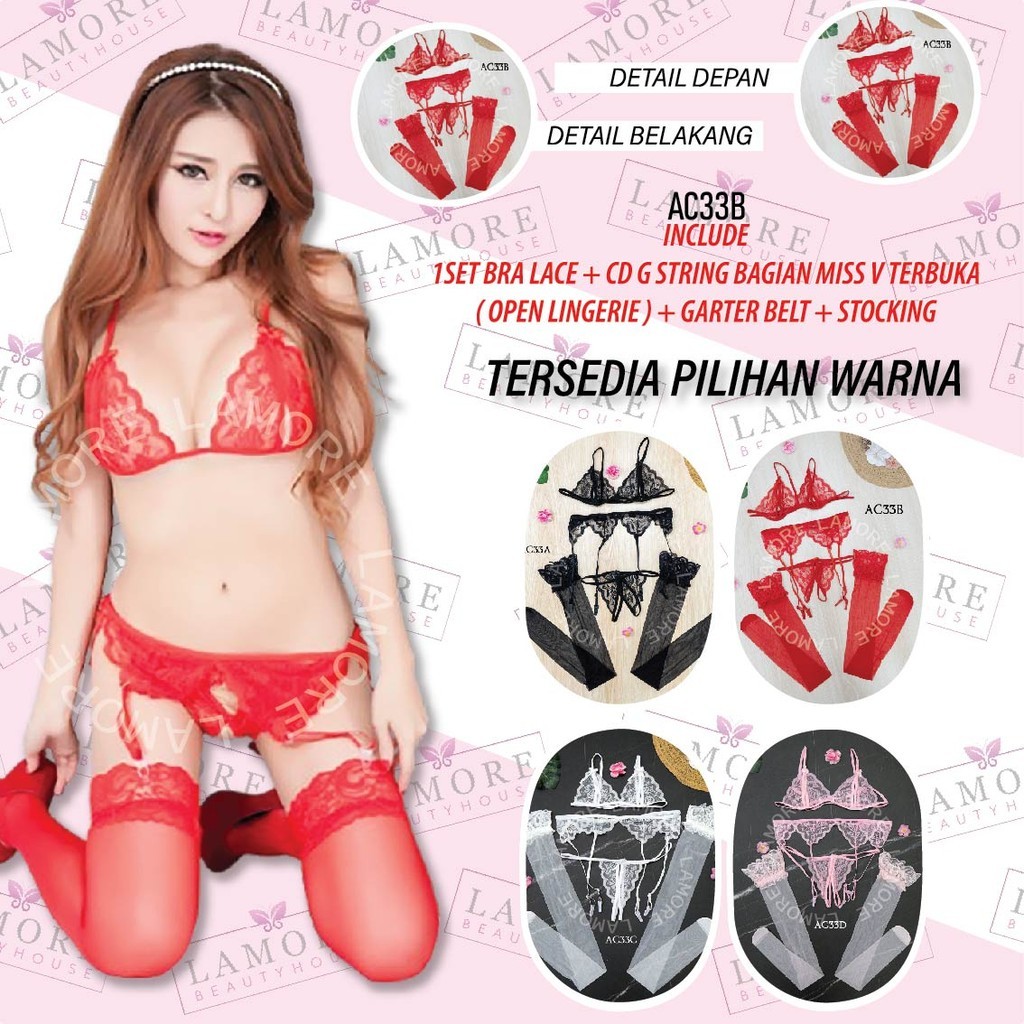 Bra Set Bh Cd + Sabuk Paha + Stocking Lace Merah Ac33B
