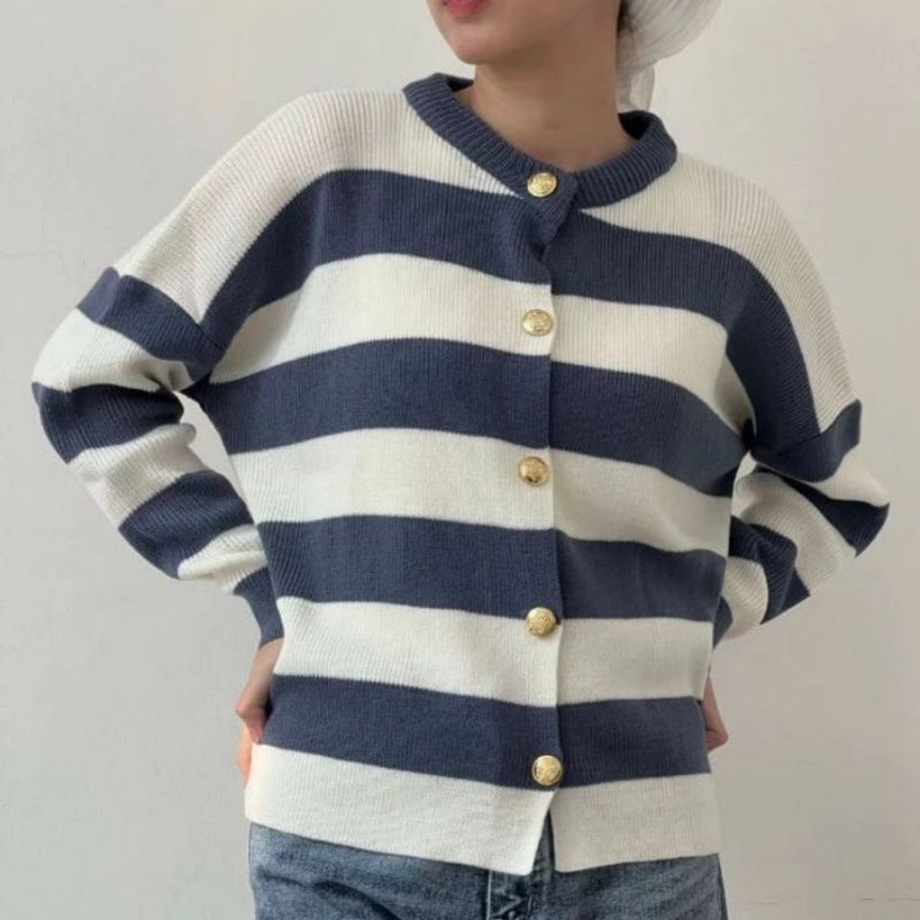 Alice Stripes Knit Cardy Premium - Elena Cardigan Stripe Atasan Cardigan Wanita Bahan Rajut Premium 