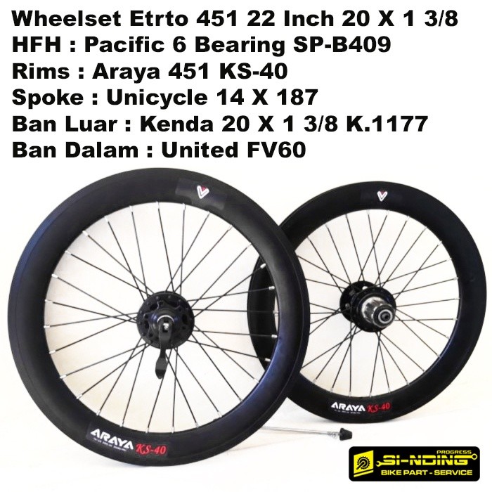 Wheelset Sepeda Lipat Minion 22 Inch Rims Araya Ban Kenda 20 X 1 3/8 Etrto 451 HFH Hub Freehub Jangk
