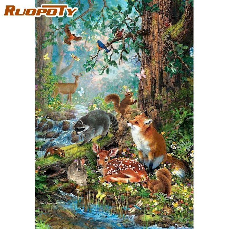 

RUOPOTY Painting By Numbers Frame Forest And Animal 60x75cm DIY Oil Paints Kits Drawing On Canvas Home Room Decor Wall Artwork