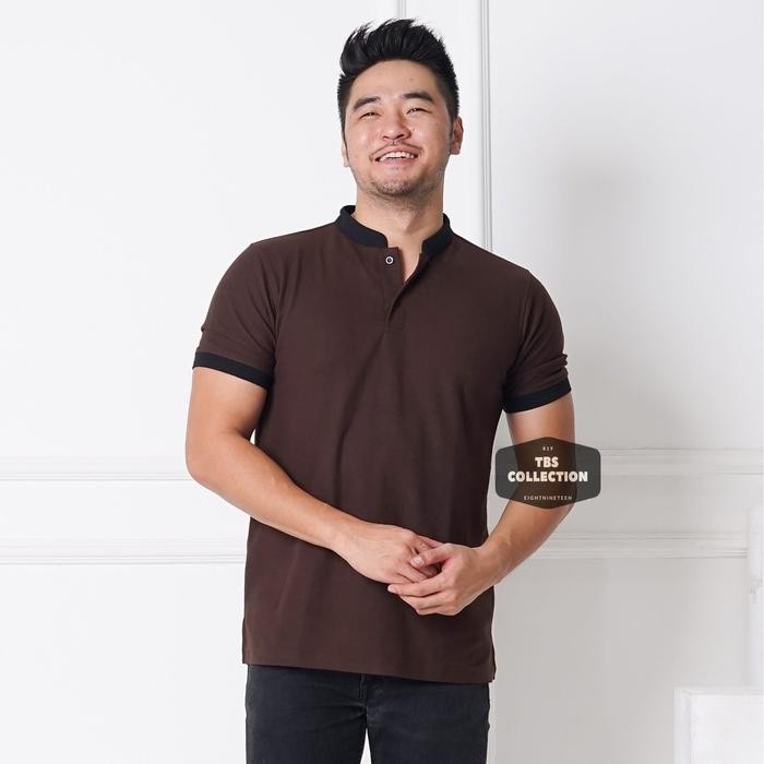 Kaos Polo Shirt Kerah Shanghai Polos Hijau Army Pria Lengan Pendek - Coklat Tua, M