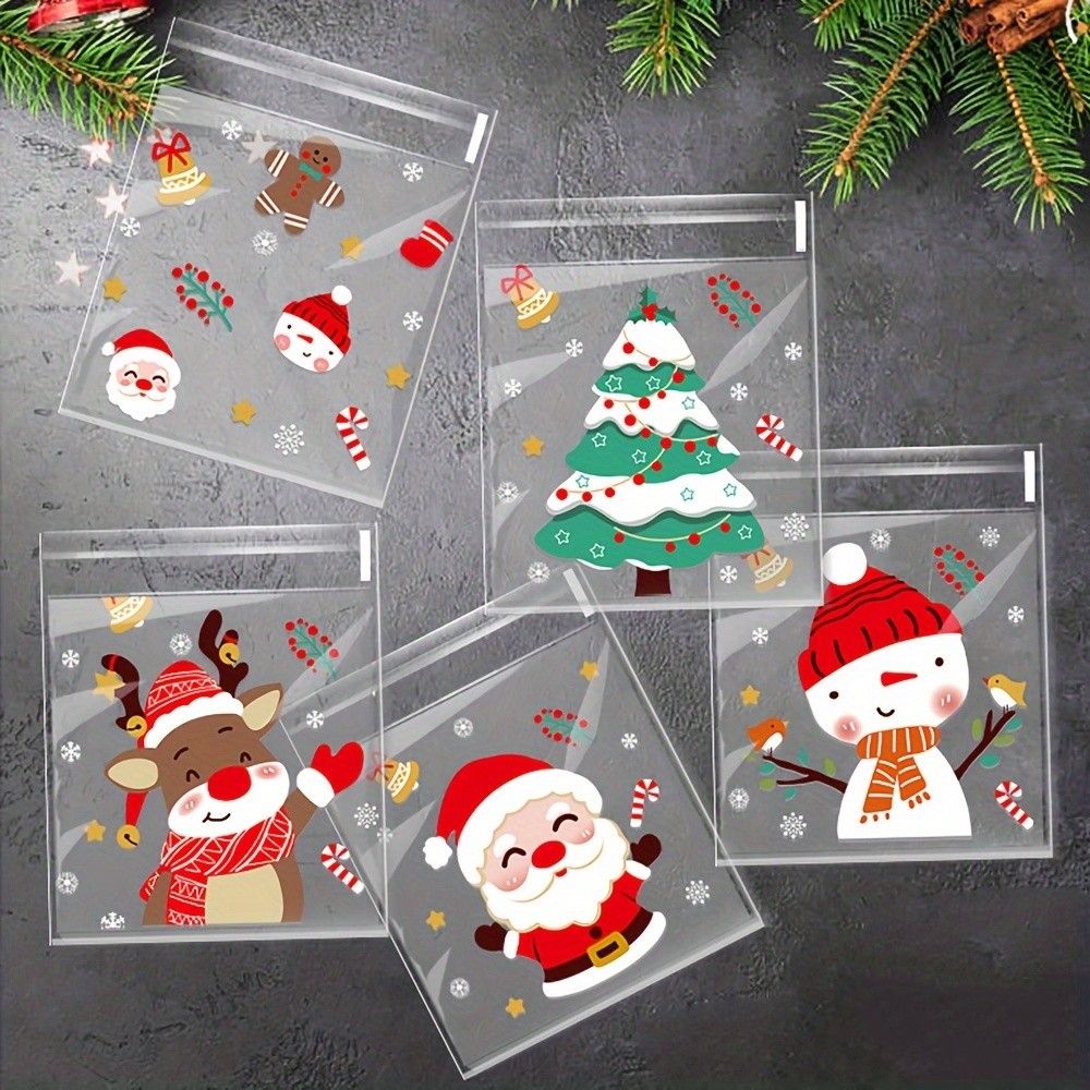 

100pcs Treat Bags - Self-Sealing, Disposable Opp Candy & Cookie Pouches With Festive Cartoon Designs For Holiday Gift