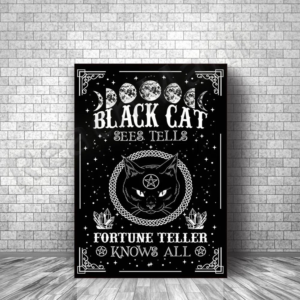 

black cat fortune teller poster, girl and cat poster, gift for cat lovers, black cat art print, halloween home decor canvas
