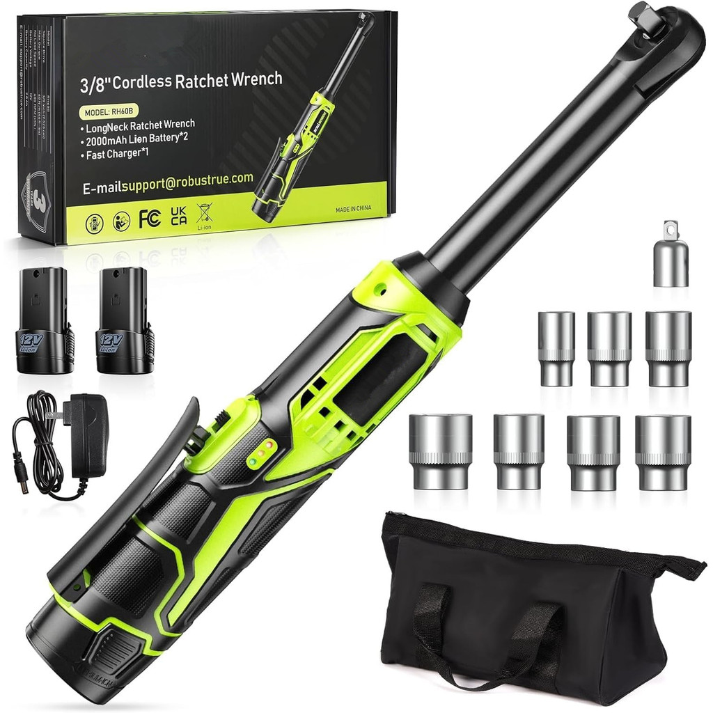 Cordless Electric Wrench 60Nm Cordless Ratchet 3/8 Inch Extended Ratchet Wrench 2 Battery Rechargeab