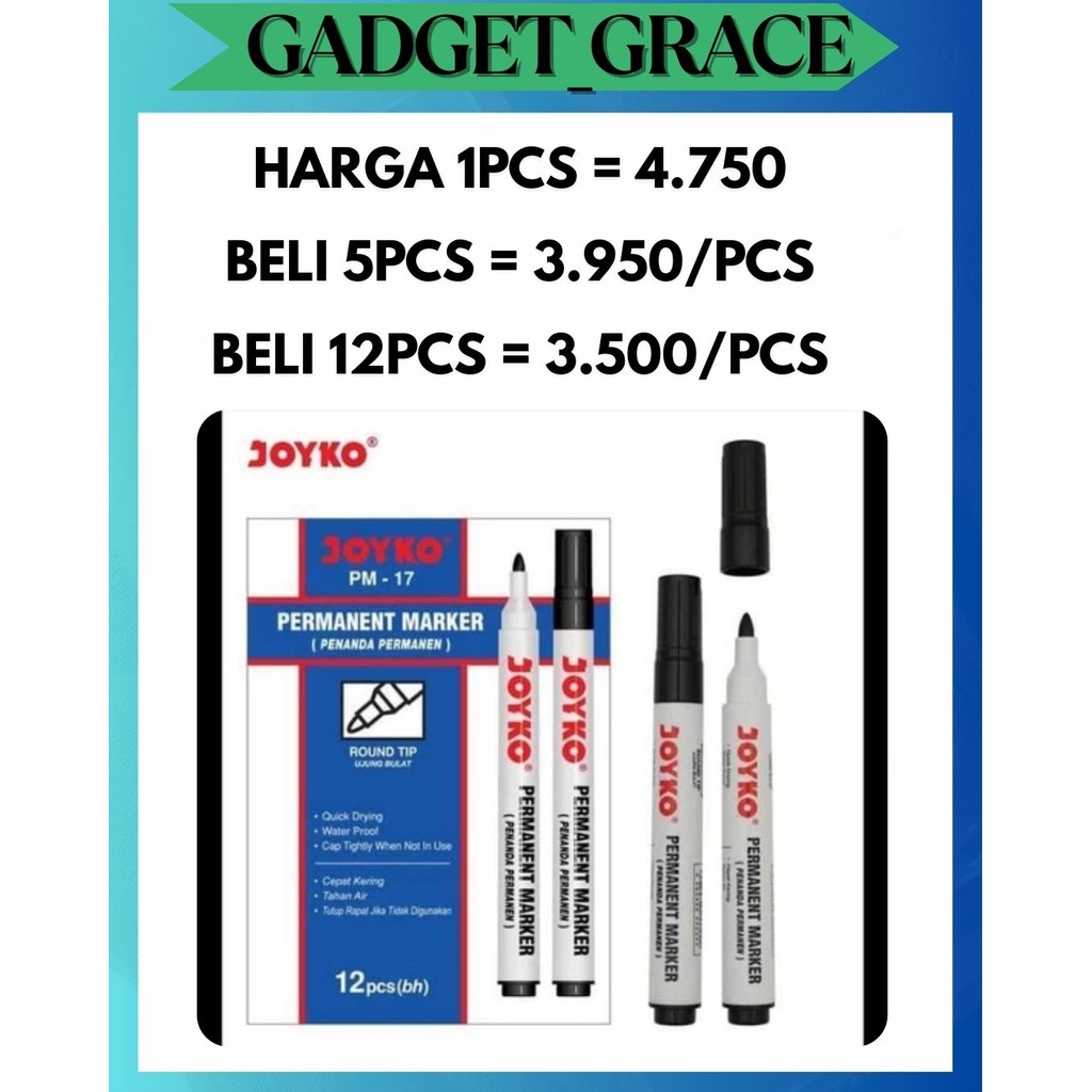 

GG SPIDOL PERMANET JOYKO PM-17 PM17 HITAM PERMANENT MARKER ROUND TIP PATEN KALI