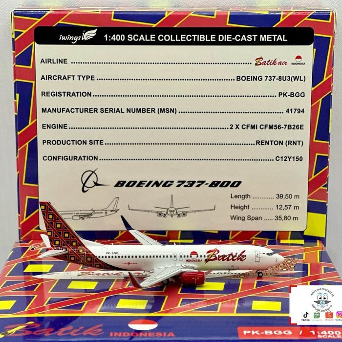 Batik Air Boeing B737-800 PK-BGG 1:400 Scale Limited Edition iWings Models 737-800 SP99..