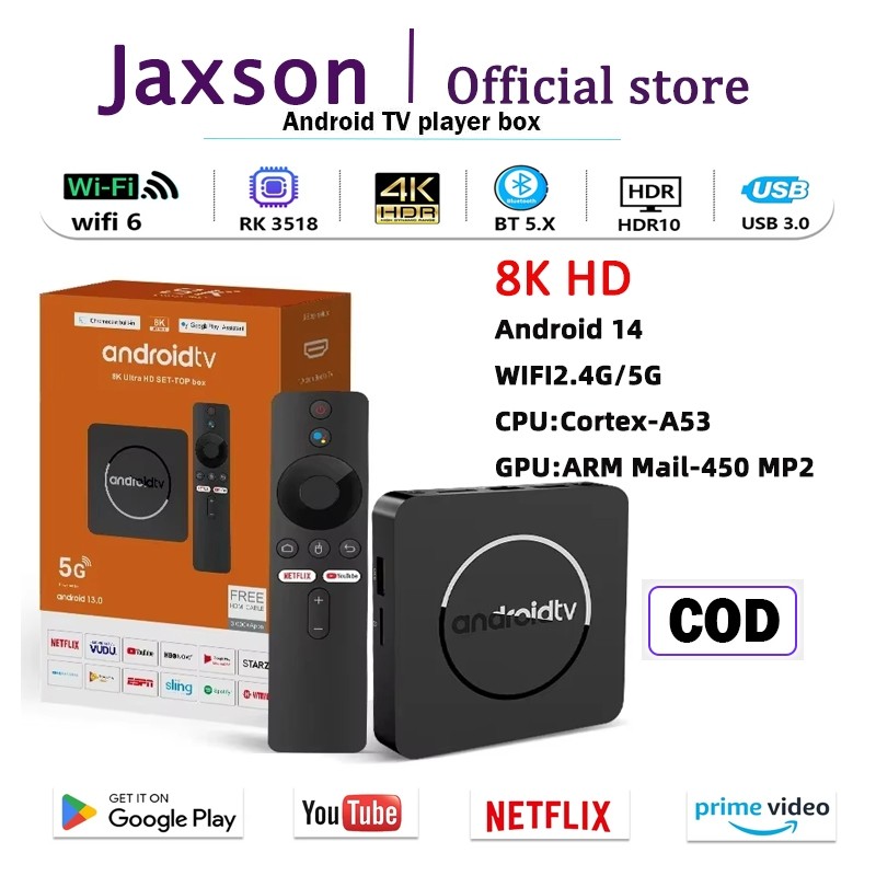 Android Tv Box 8K HD Android 14.0 OS 5G/2.4G Bluetooth RAM 4GB ROM 64B STB Smart Tv Box 8K Unlock Tv