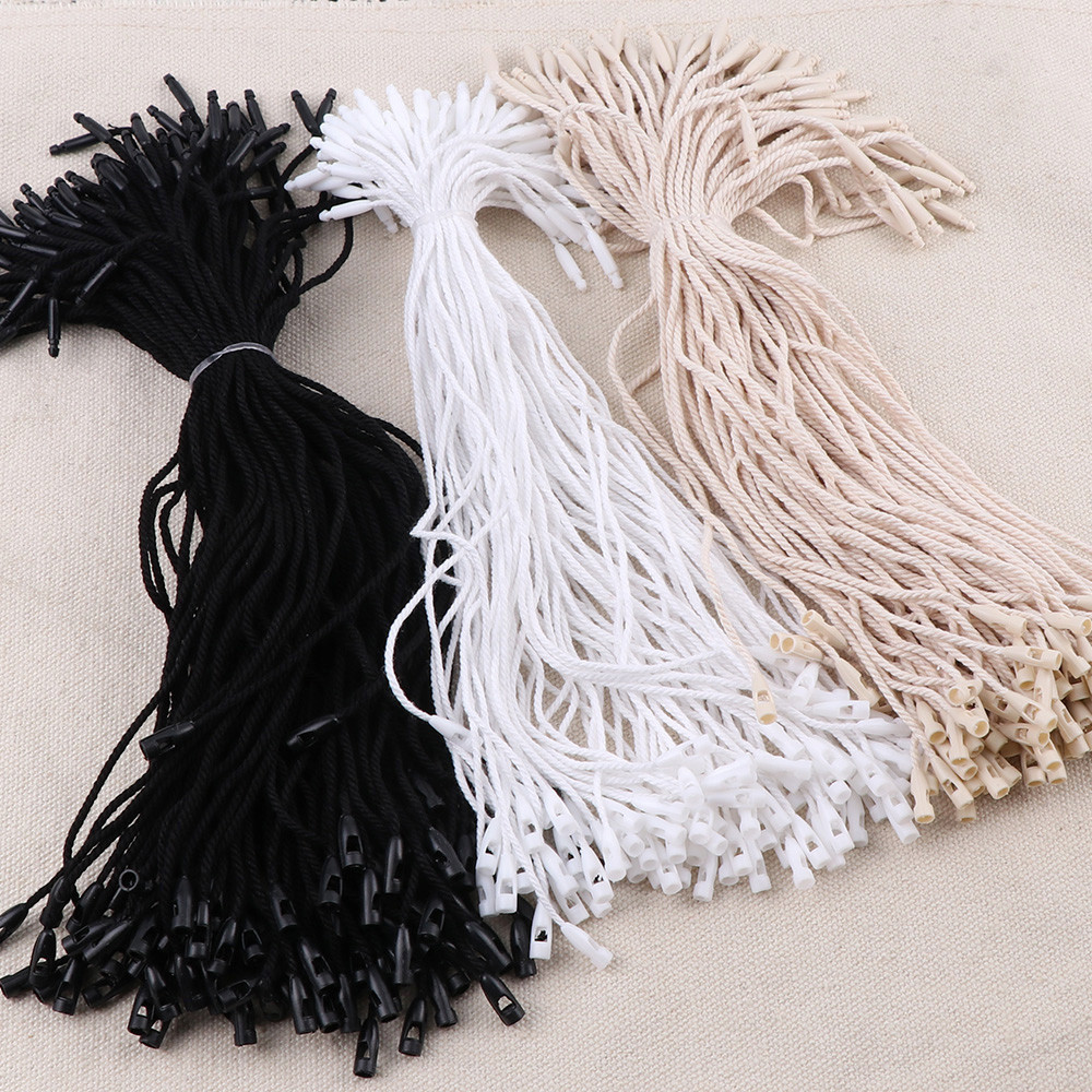 

100PCS /lot Plastic Tag Black Hang Tag Polyester Rope String Snap Lock Pin Loop Tie Fasteners