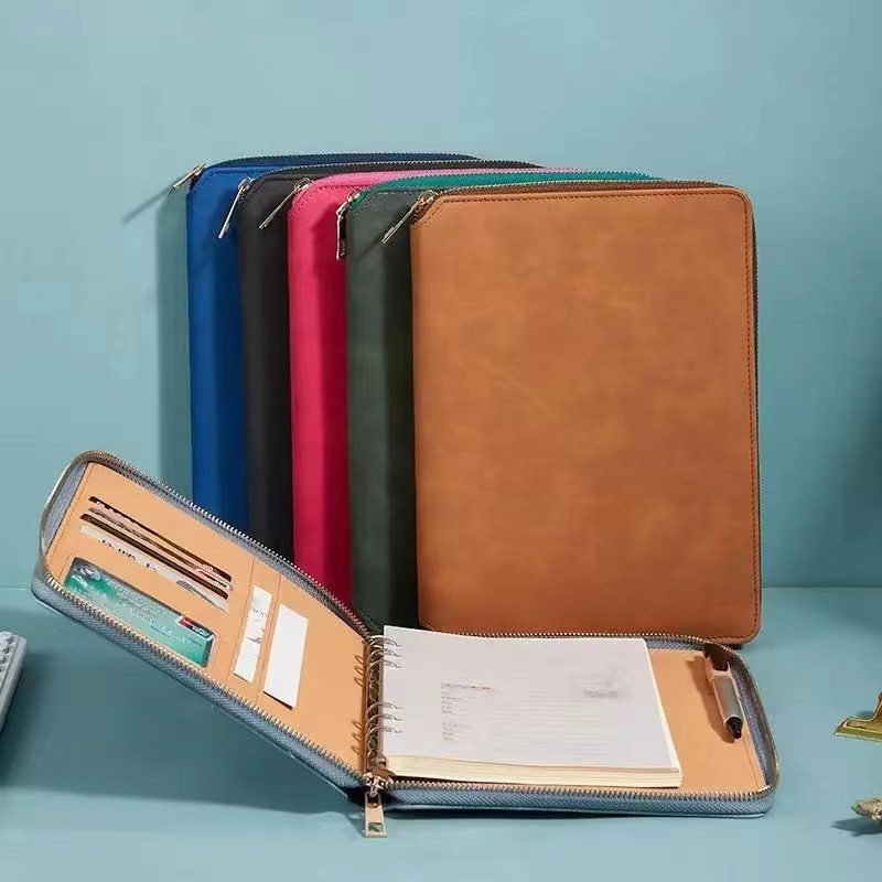 

A5 Business Ring Binder Card Slots Travel With Calculator PU Leather Cover Loose Leaf Zipper Notebook Multifunctional