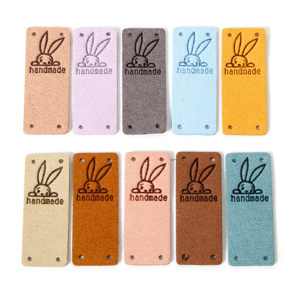 

10 PCs PU Easter Day Label Tag For Clothing Rectangle Multicolor Rabbit Pattern " handmade " Garment Sew Accessories 5cm x 2cm