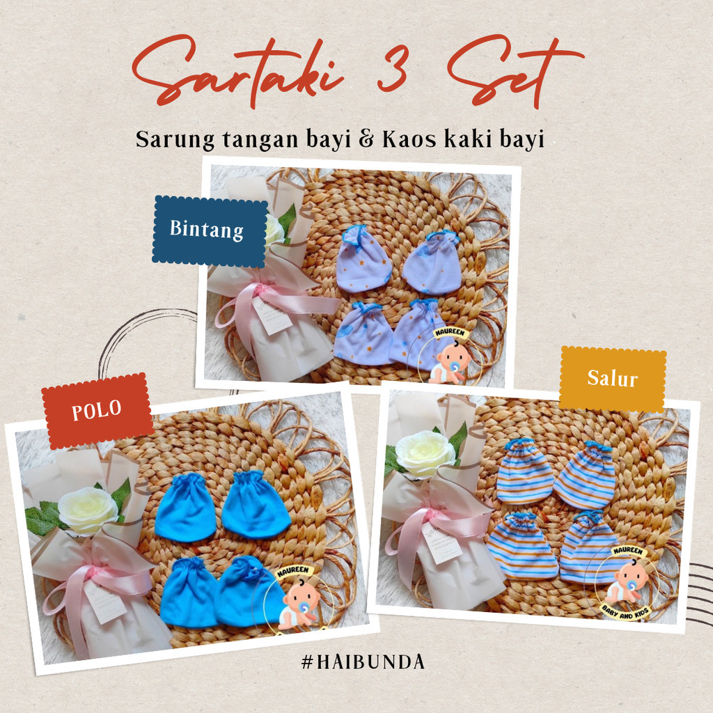 Sarung Tangan Dan Kaos Kaki Bayi haibunda 3 Set Seri Turquoise Newborn Laki-laki Perempuan