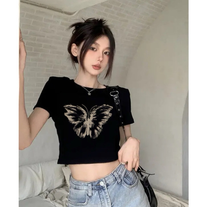 Aurora Collection - Kaos Cewek Lengan Pendek Crop Top DARK BUTTERFLY Rib GC-229