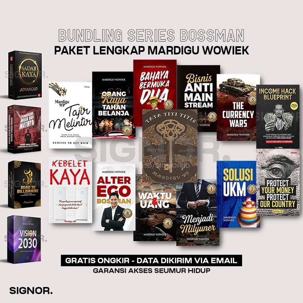 

[BUNDLING] 23 Series Bossman Mardigu Wowiek WP Bosman: Millionaire Mindset, Tata Titi Titis, Road To Billionaire, Sadar Kaya, Solusi Ukm, Tajir Melintir, Currency Wars, Alter Ego, Bisnis Modal AI, dll - Maha Karya Digital