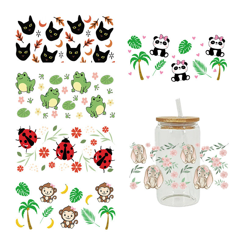 

Frogs, pandas, ladybugs UV DTF Transfer Happy Juice Printed Sticker For The 16oz Libbey Glasses Wraps Bottles D16325