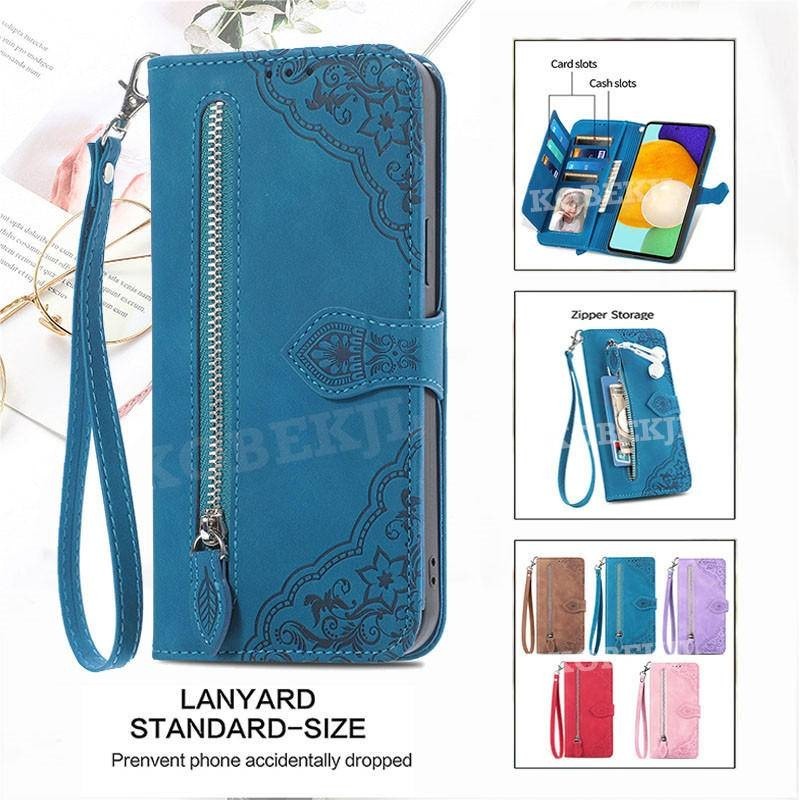 Fashion Zipper Flip Case OPPO A96 A95 A94 A93 A92 A76 OPPOA96 Flower Emboss PU Leather Wallet Phone 