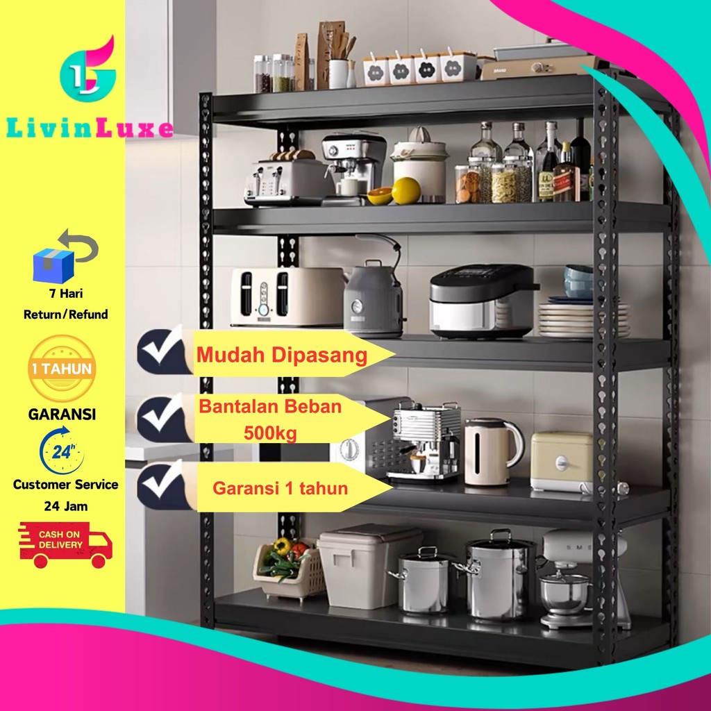 LIVINLUXE -100% baja besi Rak Besi 3 Tingkat Rak Penyimpanan Bahan Besi Rak Organizer Gudang Rak Dap